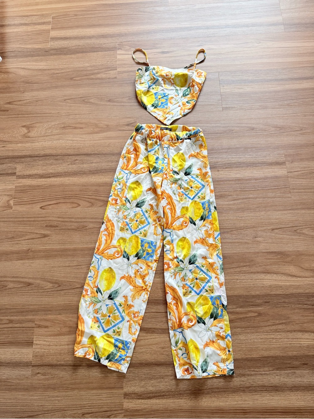 Floral Lemon Print Wide-Leg Pants and Top Set